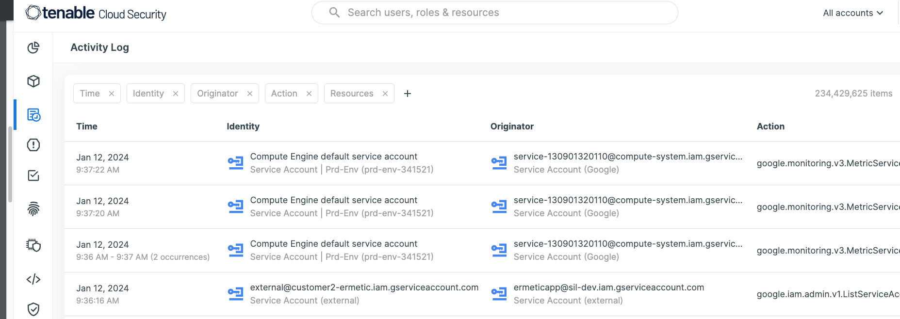 Tenable Cloud Security enriched activity log